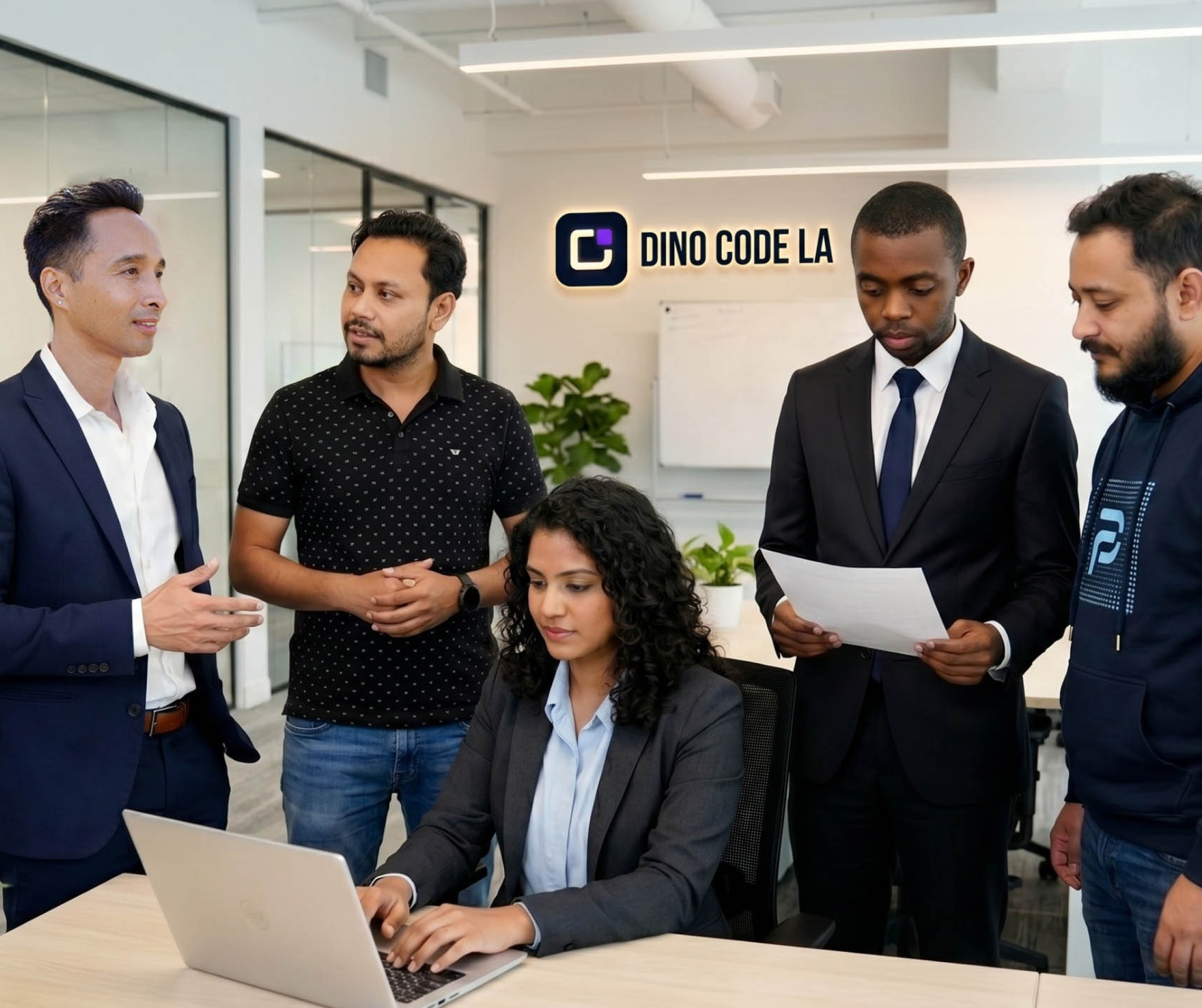 Dino Code LA team collaborating in the office