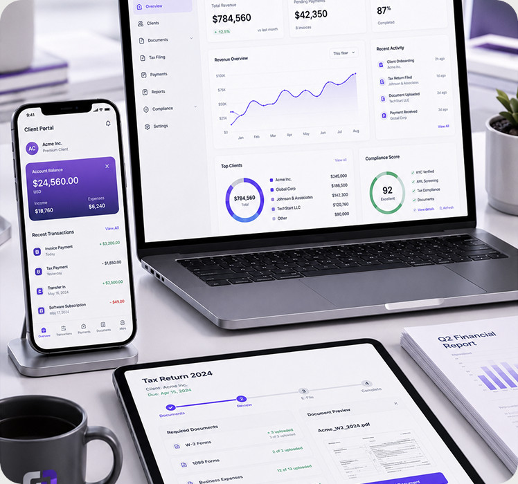 Financial services dashboard displayed across multiple devices