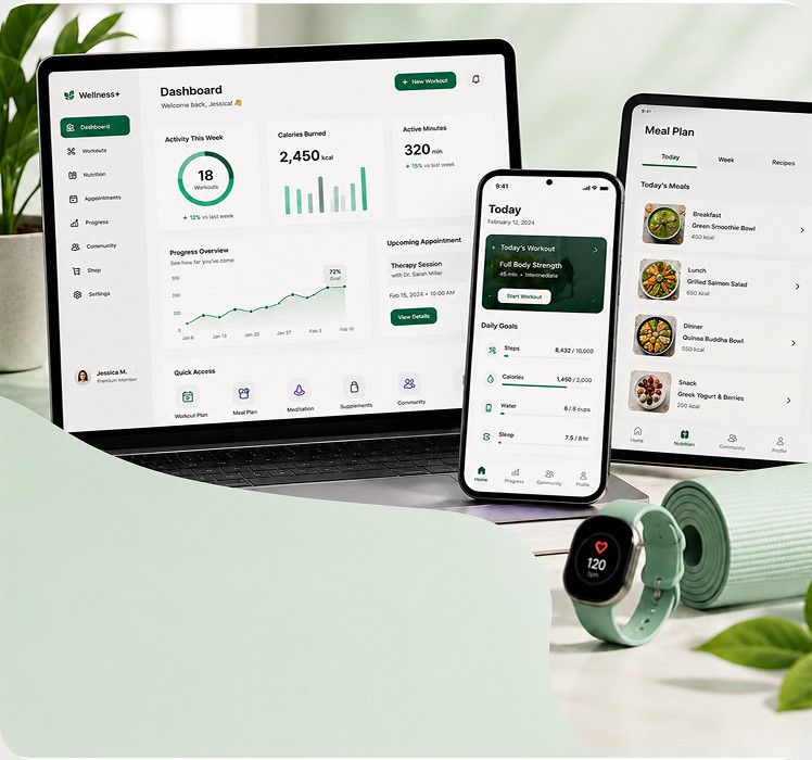 Health and wellness platform displayed across multiple devices